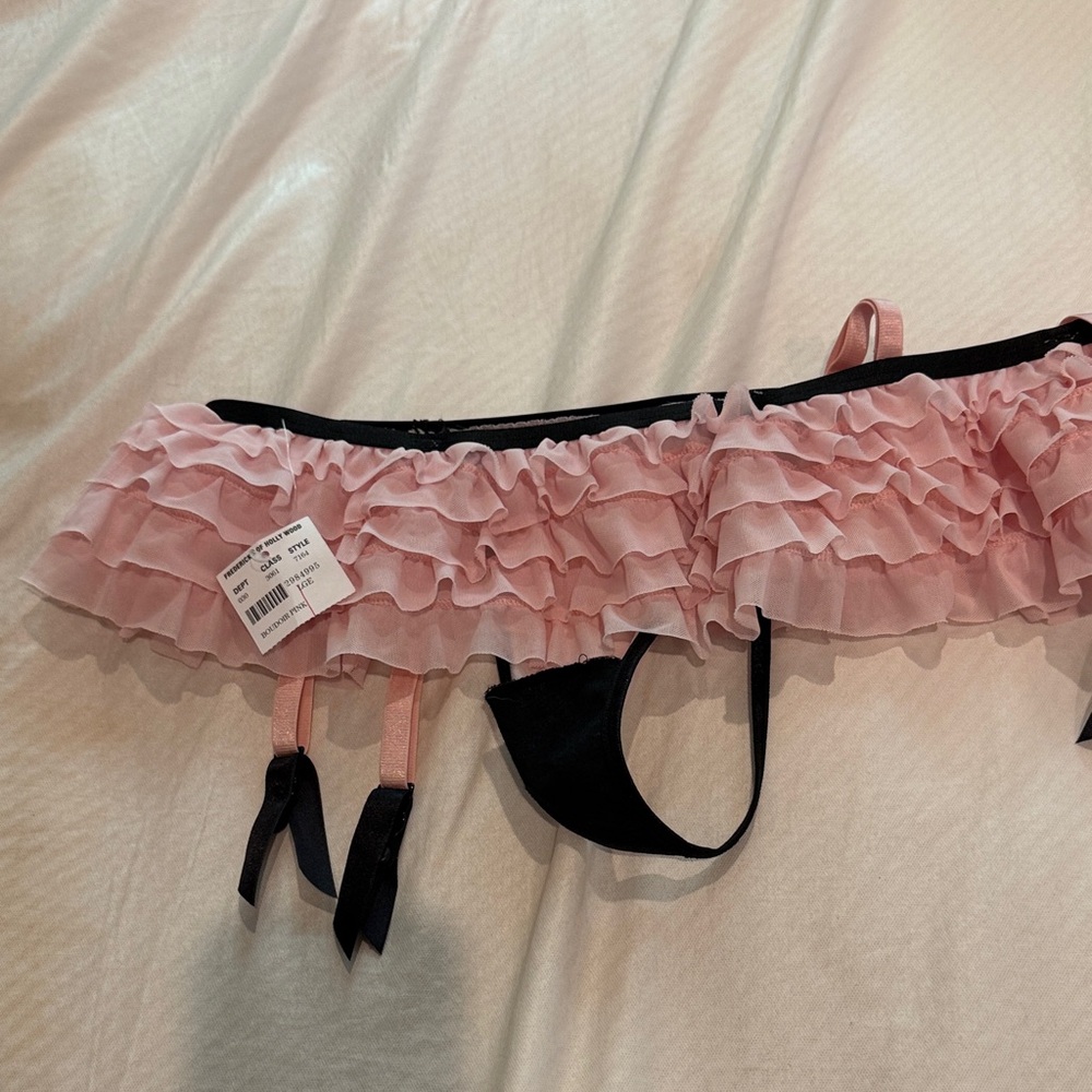 Frederick's of Hollywood Pink and Black Ruffled Garter Belt